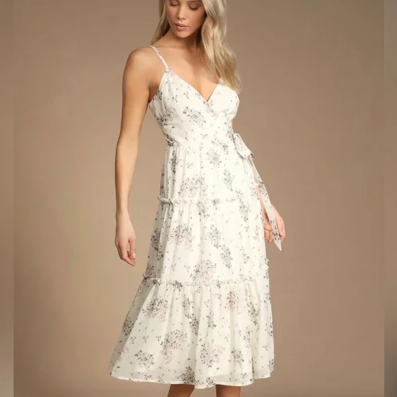 Lulus | Dresses | Got The Bloom Ivory Floral Print Tiered Midi Wrap Dress | Poshmark Lulus | Dresses | Got The Bloom Ivory Floral Print Tiered Midi Wrap Dress | Poshmark